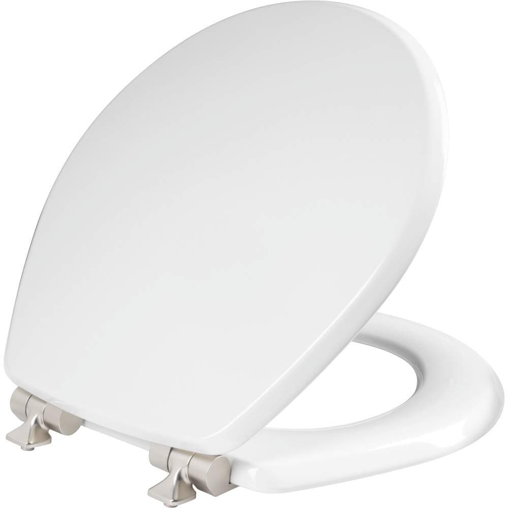 Mayfair Bennett Toilet Seat with Brushed Nickel Hinges, Slow Close Wood Seat, Secure Metal Hinges, Easy Install, Made in USA, Round, White
