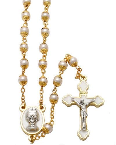 First Communion Rosary with Pearl Capped Beads