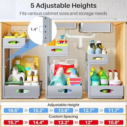 Under Sink Organizer, 2 Tier Pull Out Under Cabinet Organizer Shelf with Pad for Framed Cabinets, Metal Slide Out Under Sink Storage, Mesh Sliding Drawers for Kitchen Bathroom Laundry(Grey, 1 Pack)