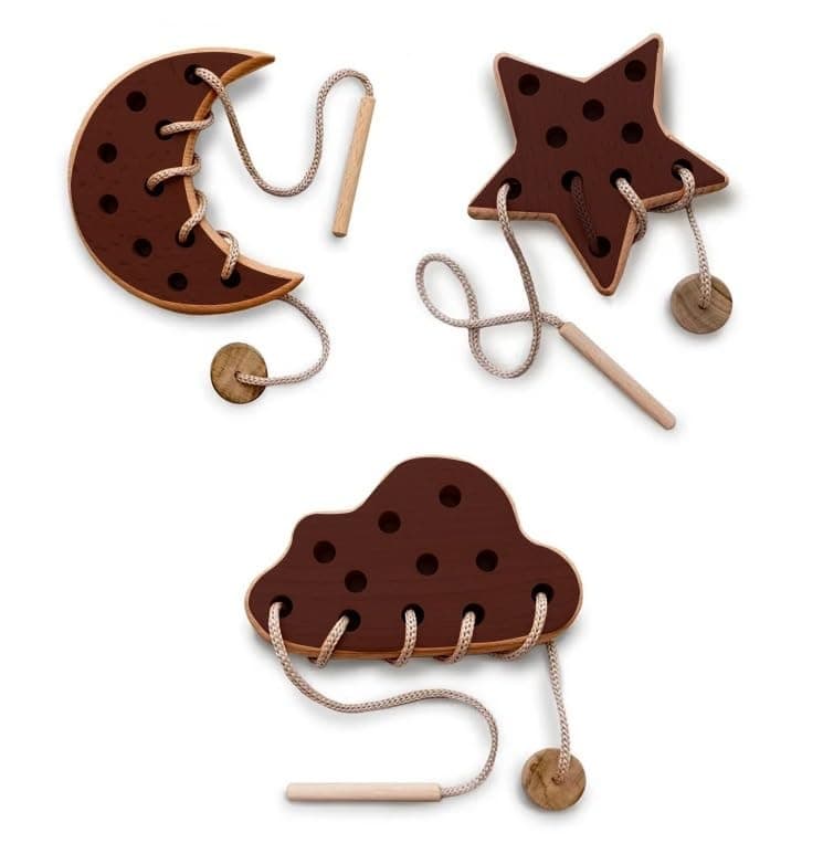 XSOURCE Wooden Lacing Toy for 2 Years Todller Skills Development Toy for Toddlers Montessori Materials for Learning Sewing Kit for Kids Montessori Toys (Cloud Moon Star Combo, Brown)