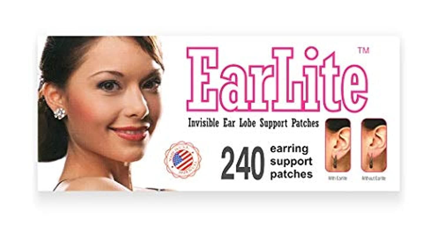 EarLite 240 (60 Ea X 4 packs) Invisible Earring Ear Support Waterproof Patches in ZipLock Pouch - Made in USA