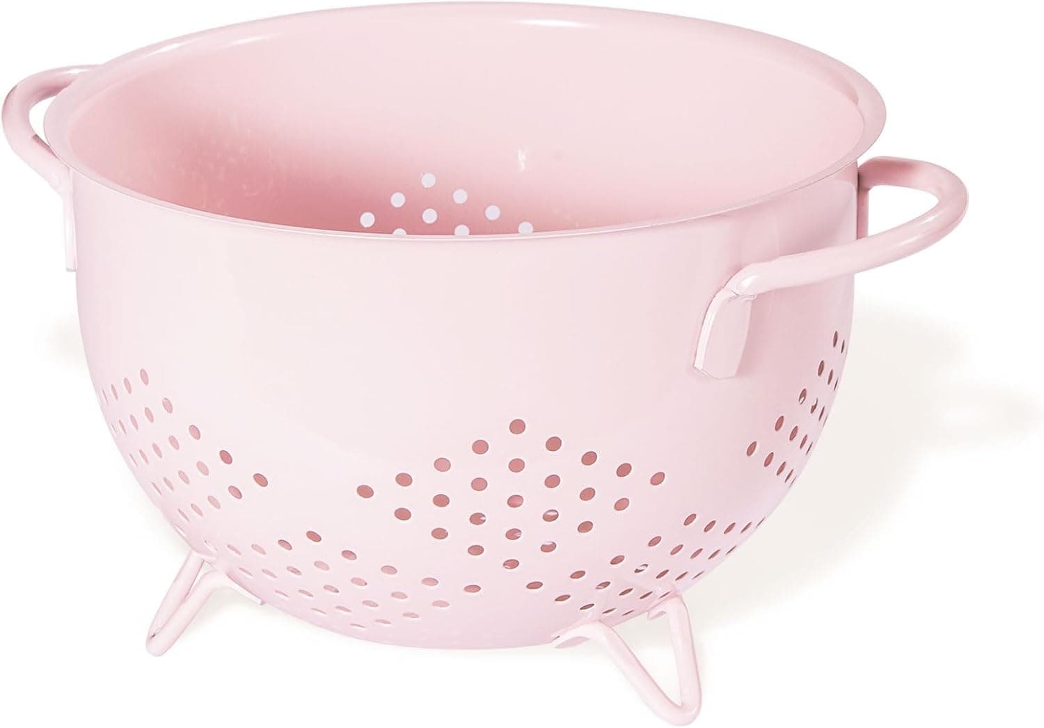 Metal Colander with Handle, 5 Quart Large Pasta Strainer, Kitchen Drain Basket with Three-Leg Base for Vegetable Fruit Berry (Pink)