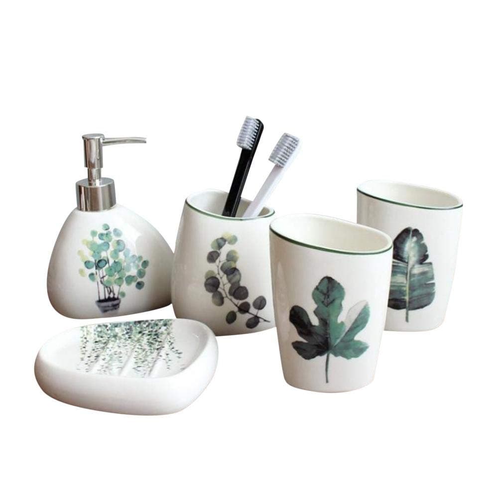 5 Piece Bathroom Accessories Set, Hotel Quality Ceramic Bathroom Accessory Set, Toothbrush Holder, Liquid Soap Dispenser, Soap Dish, 2 Tumblers (1)