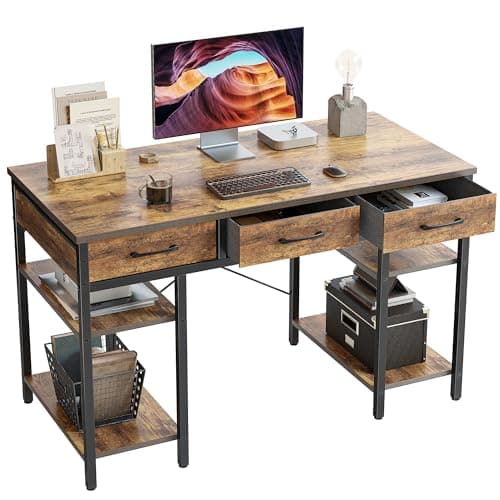 CubiCubi 47 Inch Computer Desk with 3 Drawers and Storage Shelves, Small Home Office Desk, Study Writing Gaming Table, Small Desk for Bedroom, Rustic Brown