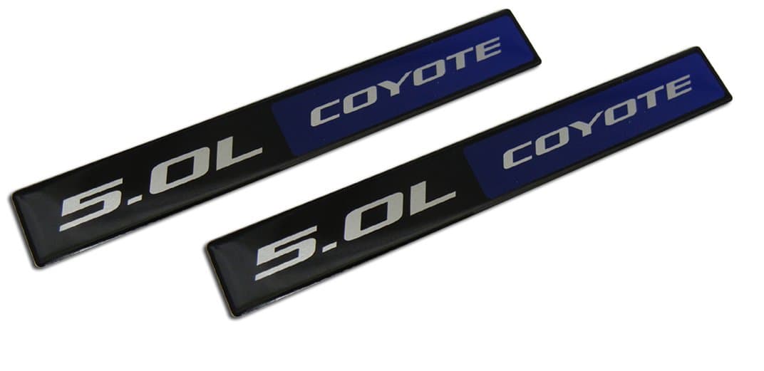 Ford 5.0 Coyote V8 Engine Aluminum Emblems in Black and Blue - 5.75" Long Pair