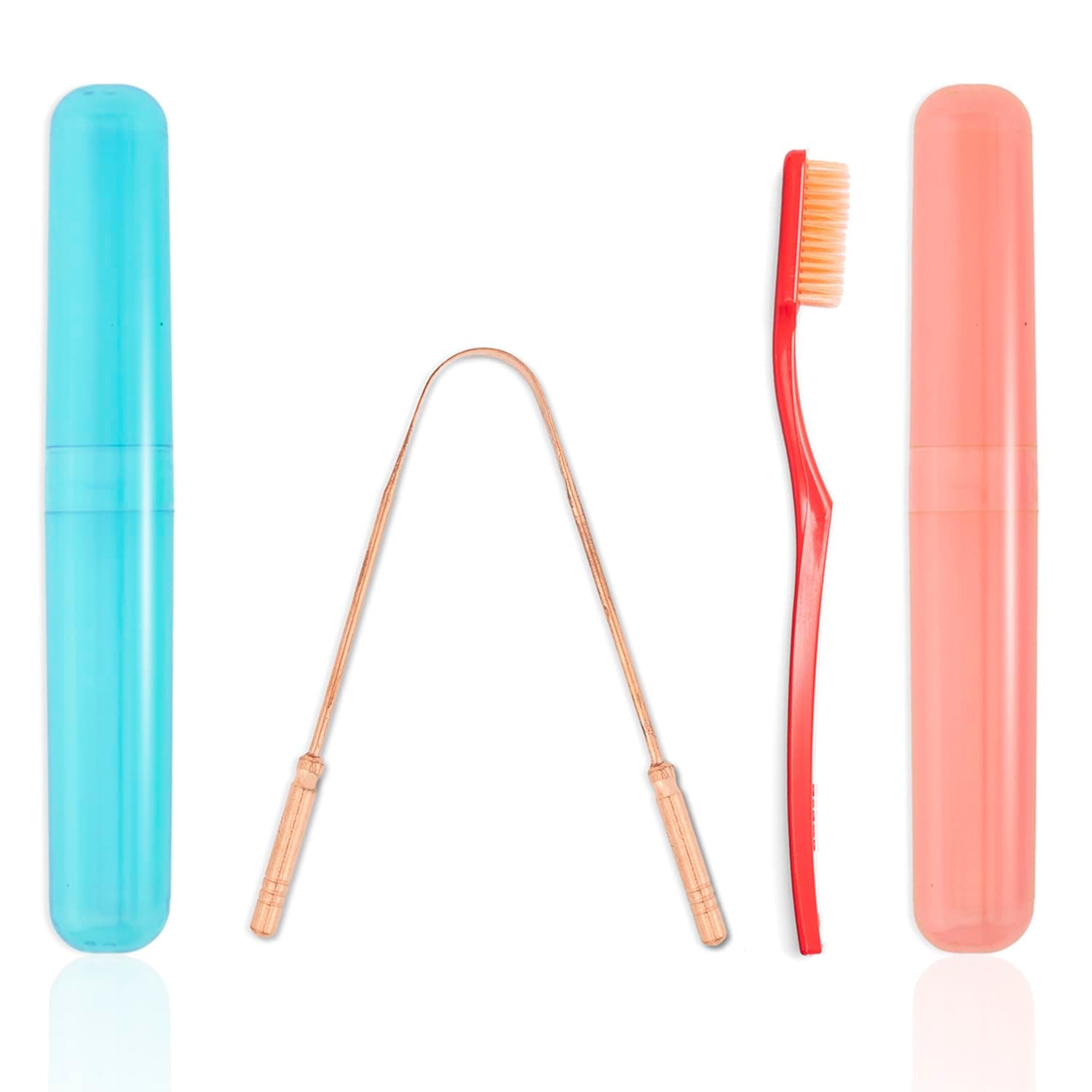 Ozette Travel Kit – Includes 1 Super Soft Sensitive Toothbrush and 1 100% Copper Tongue Cleaner/Scraper with Anti-Bacterial Container, Cover, Holder – Pack of 2, Ideal for Home and Travel Use