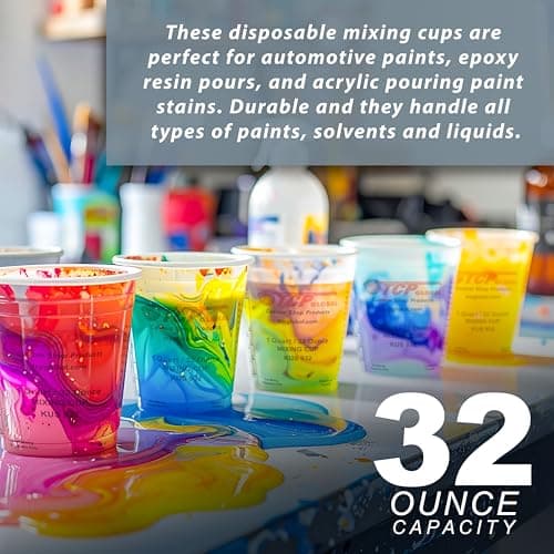 Custom Shop Paint Mixing Cups Plastic Measuring Cups Epoxy Disposable or Reusable 32 oz Quart - Box of 100 - Graduated Mixing Ratio for Automotive Paintings, Acrylic Art, Crafts and Kitchen
