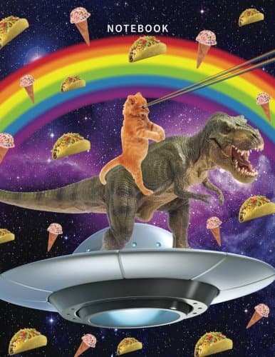 Notebook: Space Cat Notebook with 120 Pages of Lined Paper for Writing (Funny Composition Book Journal Diary) (8.5 x 11 Large) - Rainbow Eye Cat Riding A T-Rex With Tacos