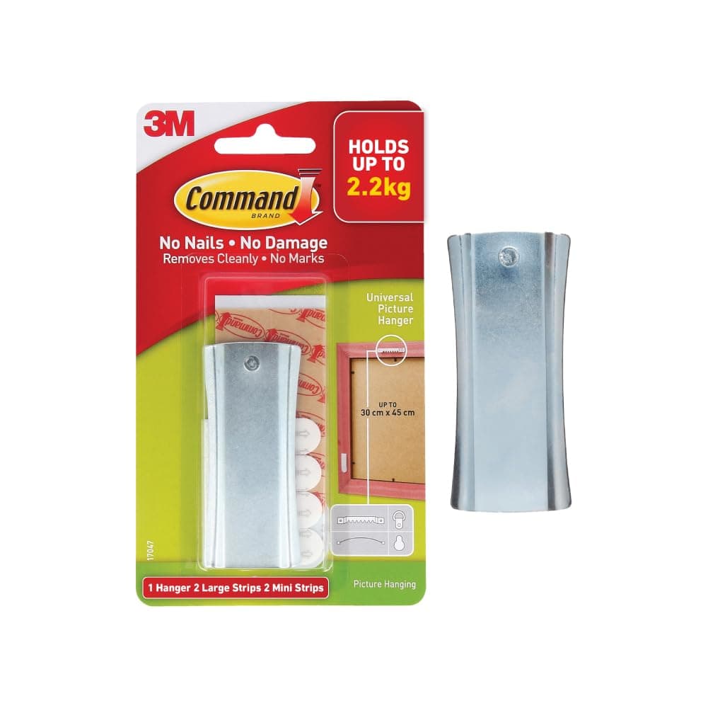 3M Command Universal Metal Picture Hanger, holds 2.2 kg, No Paint Damage, Holds Strongly, Adhesive hooks for wall, Reusable, Multi-surface (Silver, 1 hook, 4 strips)