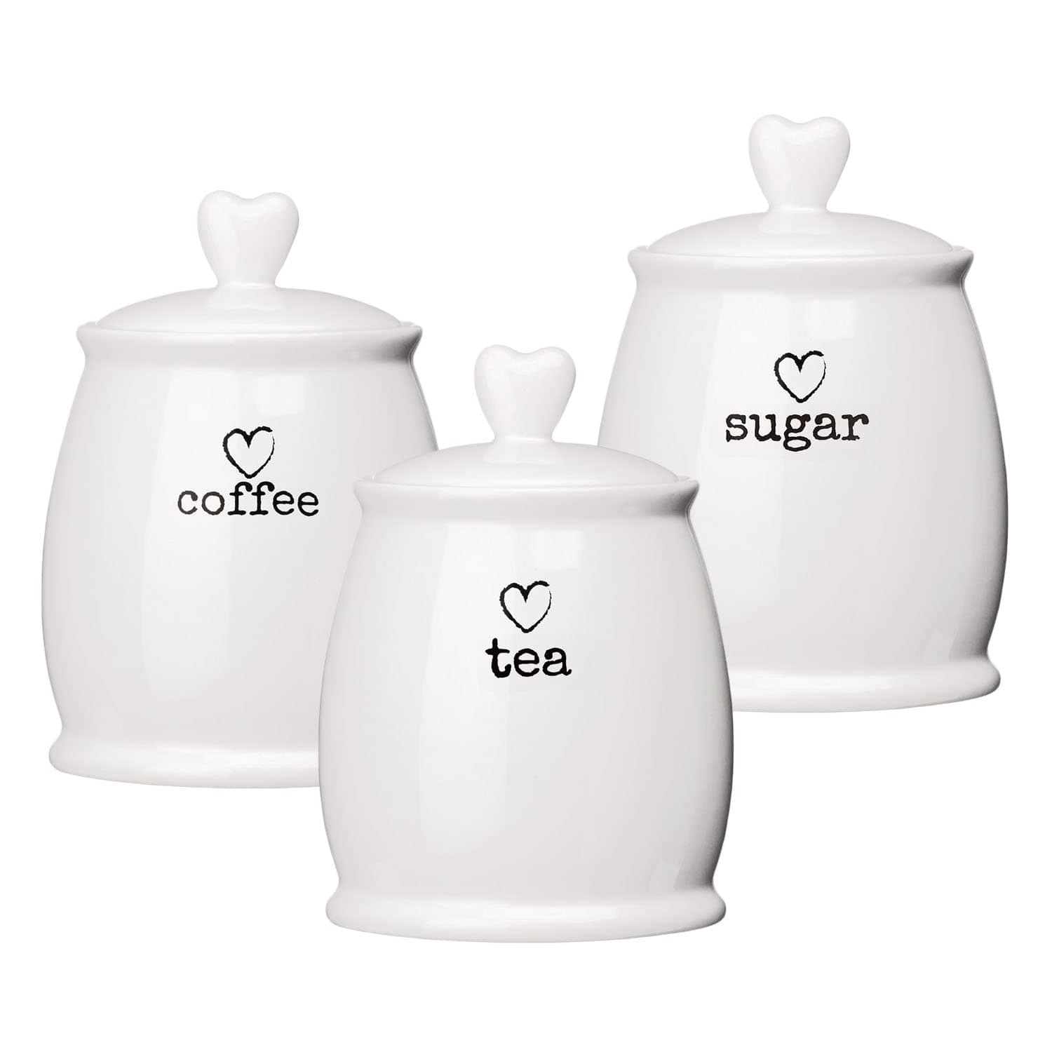 Set of 3 Ceramic Tea Coffee & Sugar White Storage Jars Shabby Chic Heart Design