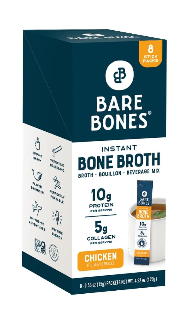 Bare Bones Chicken Bone Broth Instant Powdered Mix | Rich Savory Packets on-the-Go No Artificial Flavors | Keto & Paleo Friendly | 10g Protein | 8 Pack