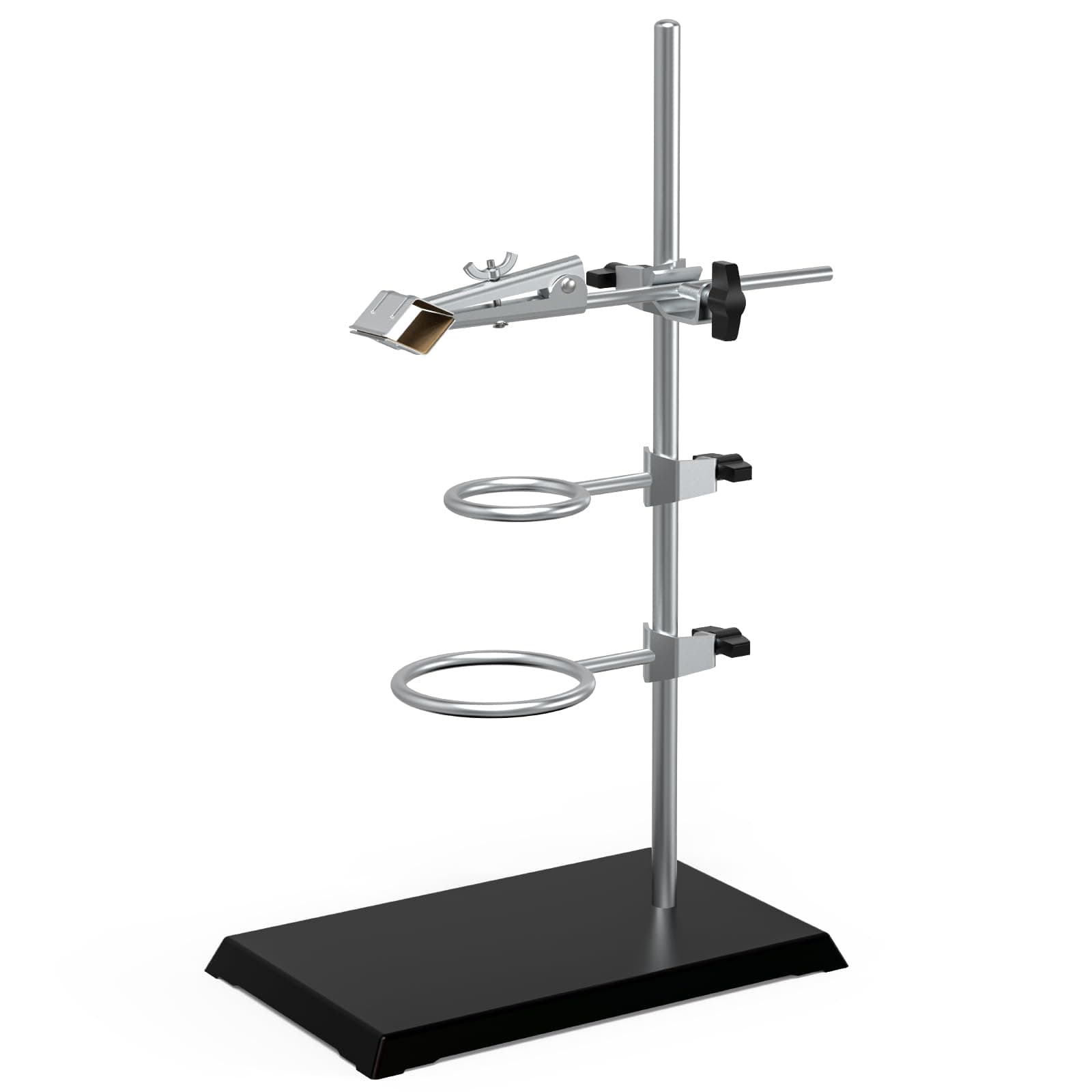 Chemistry Laboratory Stand Set, with Support Stand (8.3"x5.5"), 2 Retort Rings (Dia. 2.2"/2.6"), Rod (Length 16") and Flask Clamp (Dia 1.77 inch)