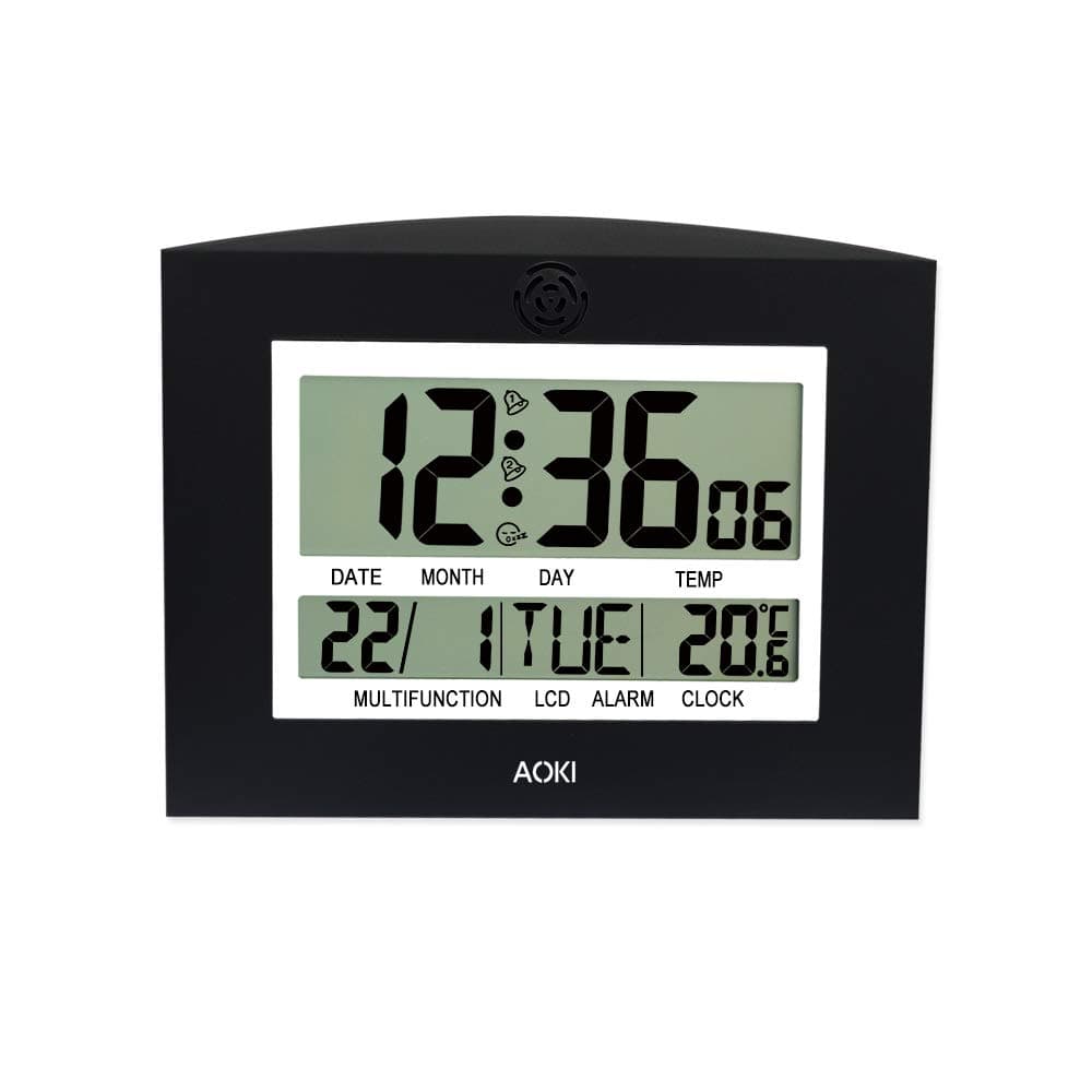 AOKI LCD Large Digital Wall Clock for Kitchen Living Room Silent Battery Operated Jumbo Alarm Clock Table Desktop Dermentia Clock Day Date Month 12 24 Hour Dual Alarm Clocks Temperature Snooze Black