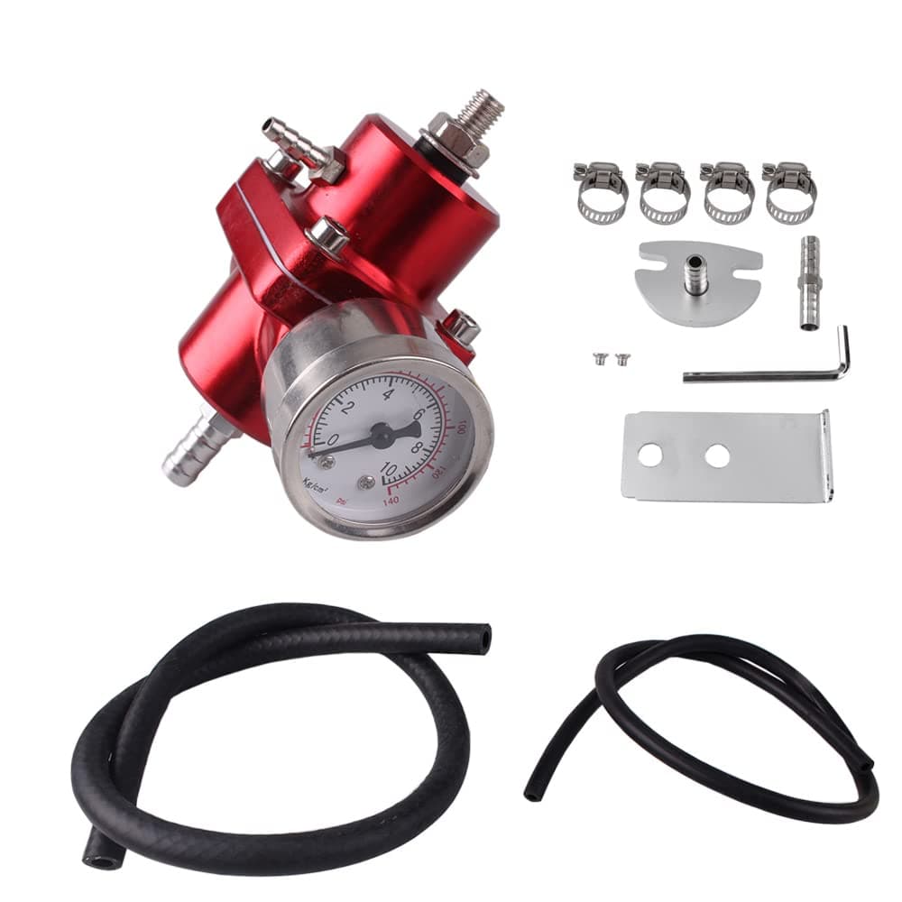 BARTOO Universal Adjustable Fuel Pressure Regulator Kit, Aluminum Fuel Regulator,Adjustable Gas Oil Injection Pressure Regulator with 0-140 PSI Gauge -Red