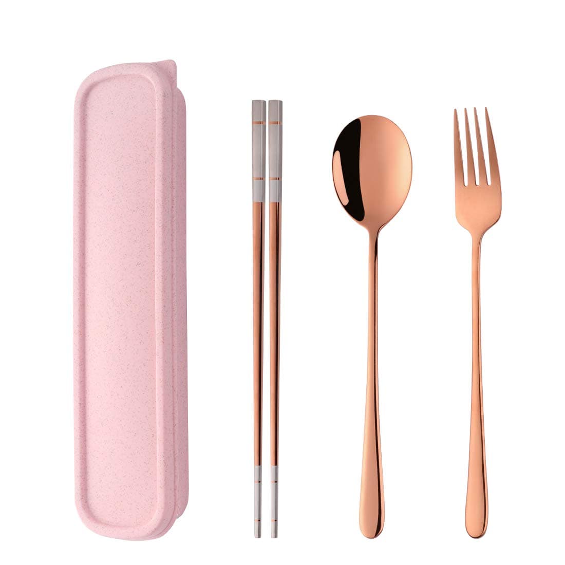 3 Piece Portable Flatware Set, Chopsticks, Fork and Spoon with Travel Case, Rose Gold