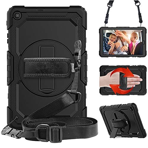 STLDM Galaxy Tab A 10.1 Case 2019,Full Body Heavy Duty Cover Case with Built-in Screen Protector,Rotating Stand,Hand Strap and Shoulder Strap for Samsung Galaxy Tab A 10.1 SM-T510/T515 Black
