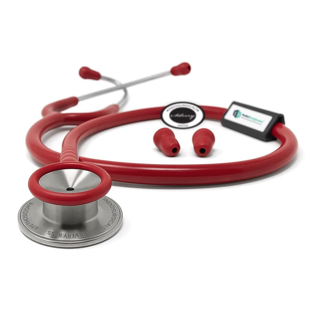 IS IndoSurgicals Silvery II-SS Stainless Steel Stethoscope for Doctors & Medical Students (Red)