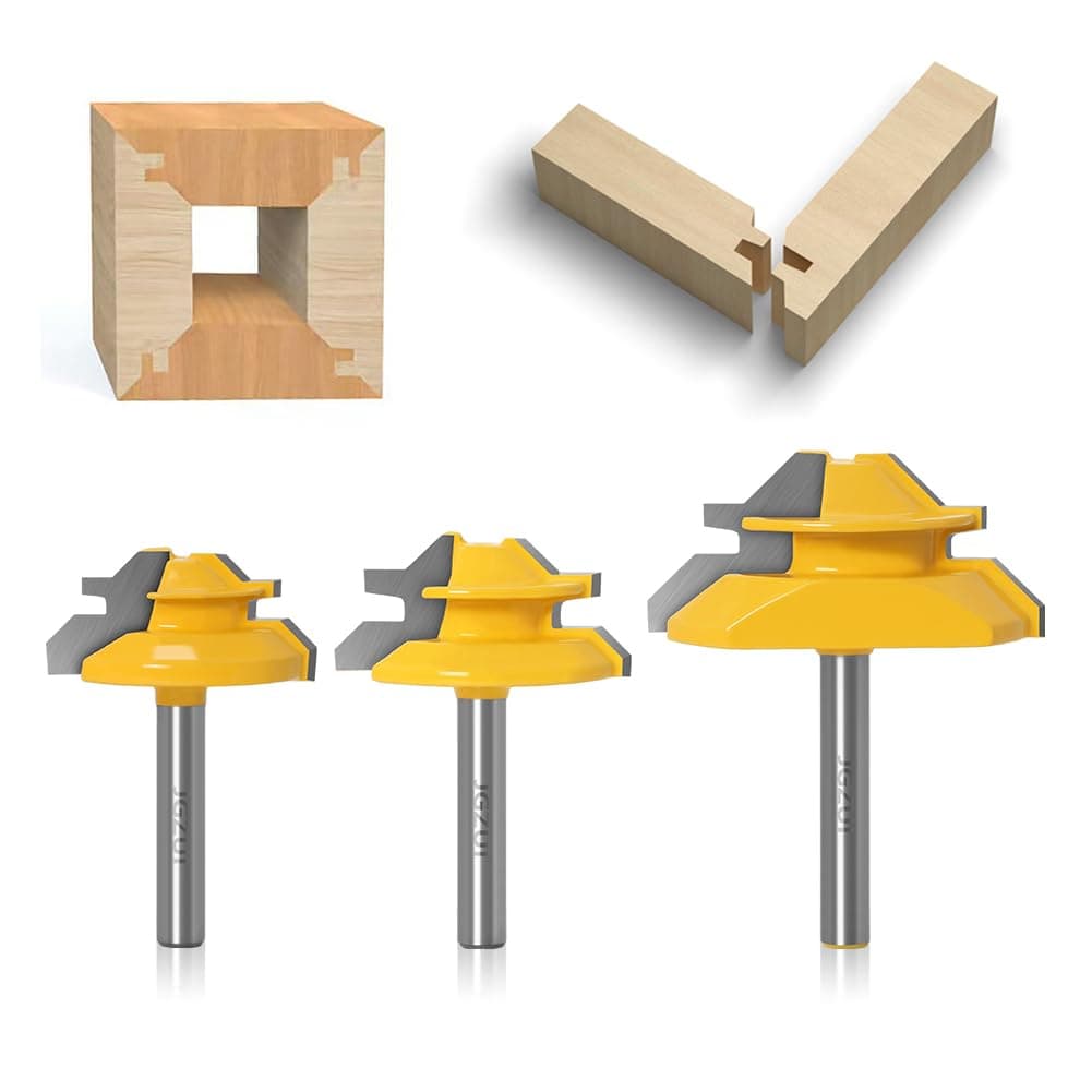 45 Degree Lock Miter Router Bit 3Pcs 1/4 Inch Shank.Woodworking Tools Joint Router Bits,Wood Milling Cutter Glue Joint Tools Set (1/4inch Shank, 3 Bit Set)