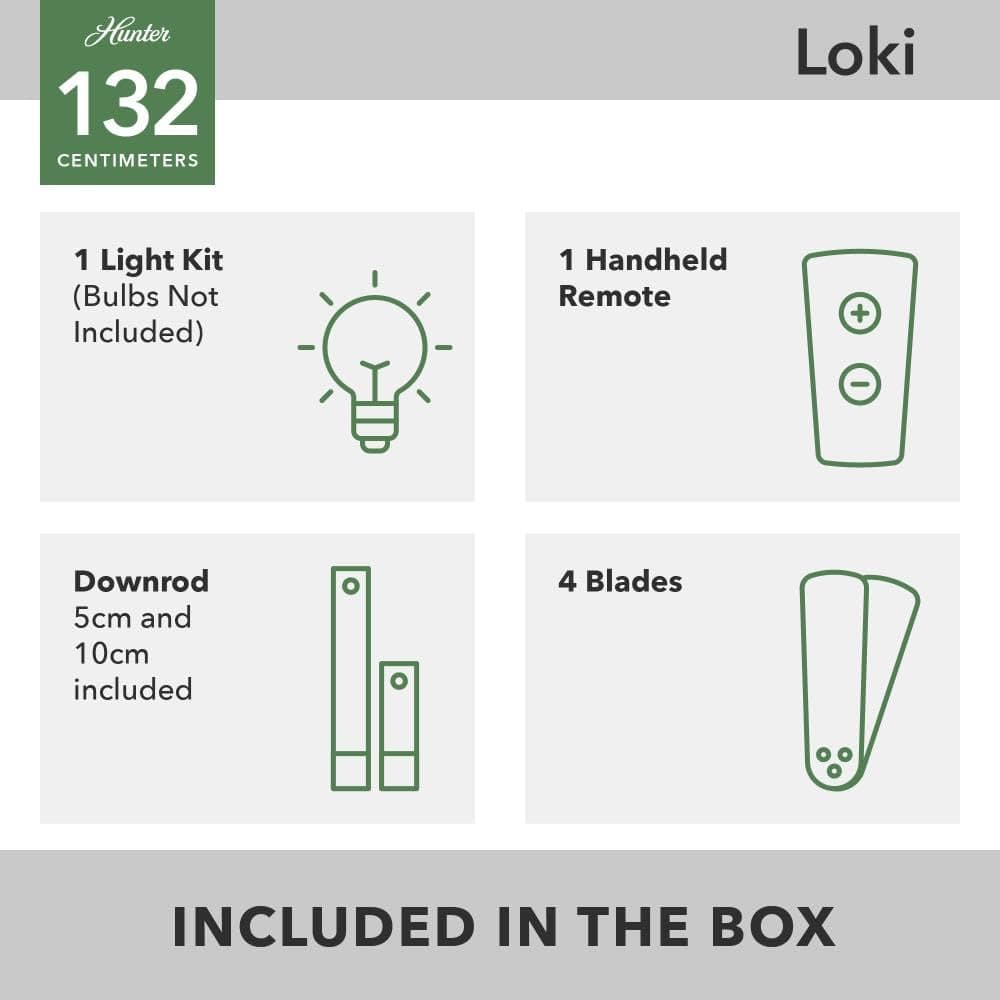 Hunter Fan Loki, 132 cm, Indoor Ceiling Fan with Light and Handheld Remote, Brushed Nickel Finish, 4 Reversible Blades in Light Gray Oak and Natural Wood, Ideal for Summer or Winter, Model 50424