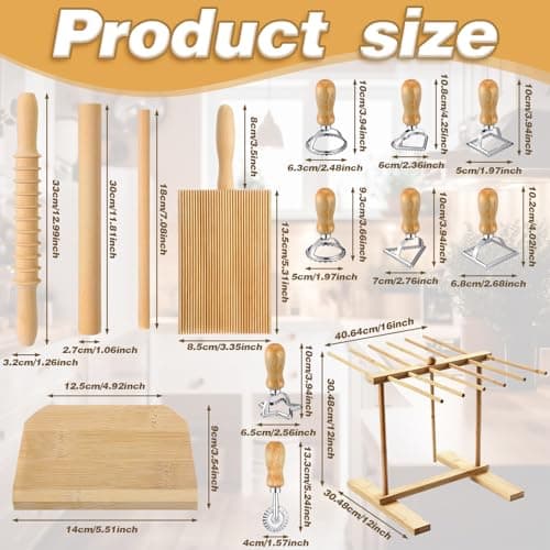 Suclain 14 Pcs Pasta Making Tool Set Includes Wooden Cutter Dough Scraper Rolling Pin Pasta Drying Rack Gnocchi Board Wood with Roller 8 Ravioli Stamp Maker Cutter for Kitchen Noodle (Classic)