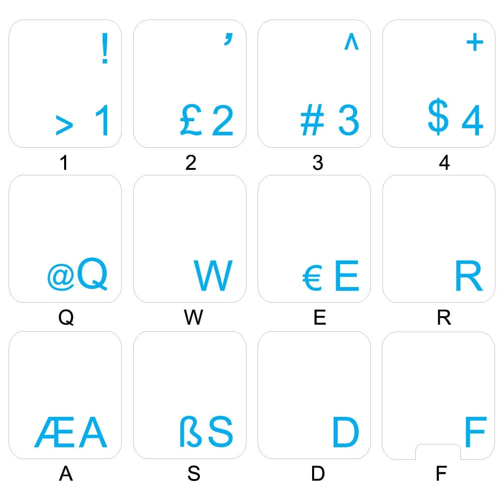 Turkish Q Keyboard Decals ON Transparent Background with Blue, RED OR Yellow Lettering (Blue)