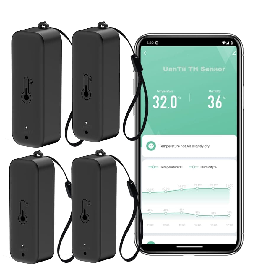 UanTii Tuya Wifi Temperature Humidity Detector Smart Hygrometer Thermometer Sensor Works with Smart Life App and Works with Alexa Works with Google Home (Black-4pcs)