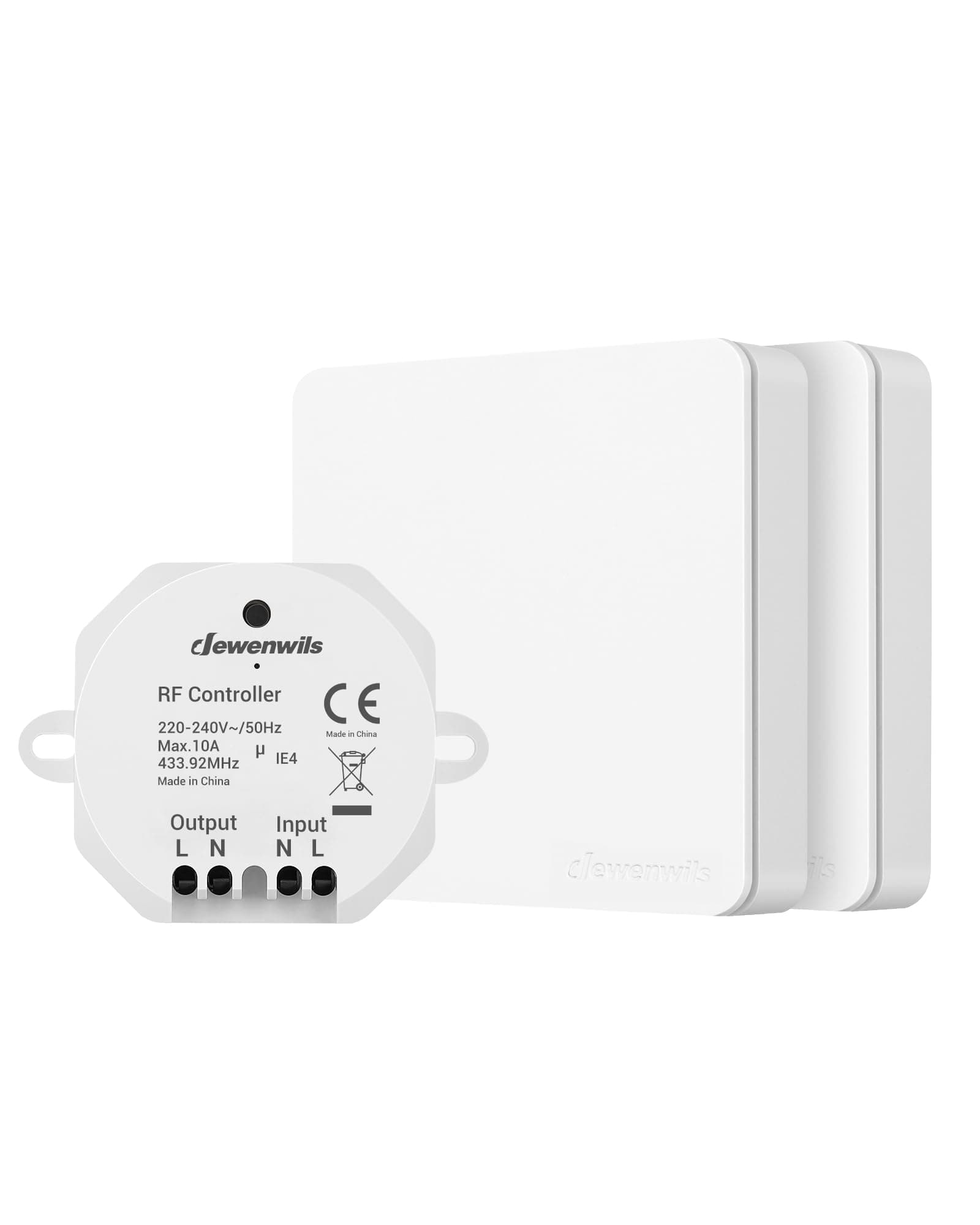 – Wireless Light Switch Kit, Remote Control Light Switch for Lamp, 30M Range, No Wiring Required, Programmable, 2 Remotes and 1 Receiver