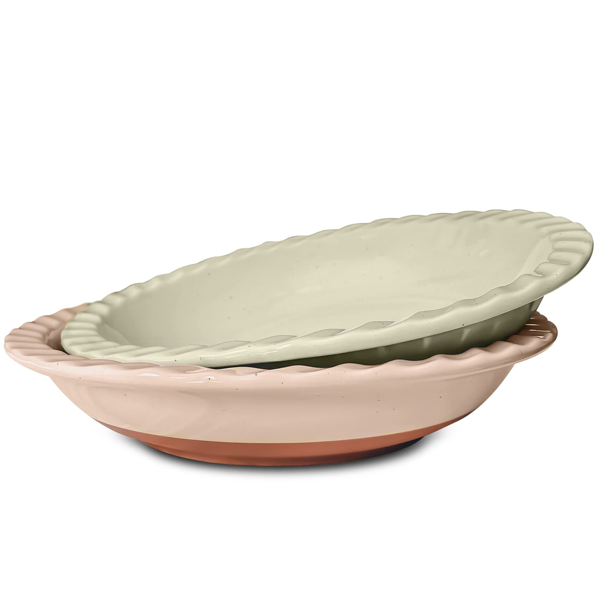MORA CERAMICS HIT PAUSE Classic 9 Inch Round Pie Pans Set of 2 - Dishwasher and Oven Safe, Shallow Pans for Baking Apple/Pumpkin Pies, Quiche, Rolls, etc.