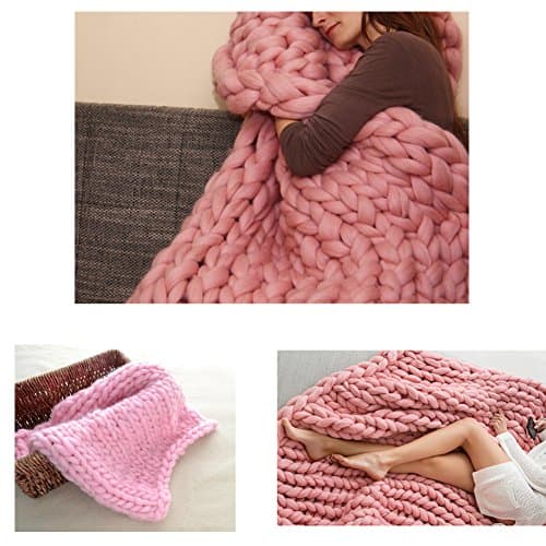 Chunky Wool Blanket Hat Blanket Crochet Arm Kniting Bed Throw Giant Yarn Super Bulky Knitted plaid Knit Thick Anniversary Housewarming Gift (23 x 47 inches - Ikea Size Bed Blanket, pink)