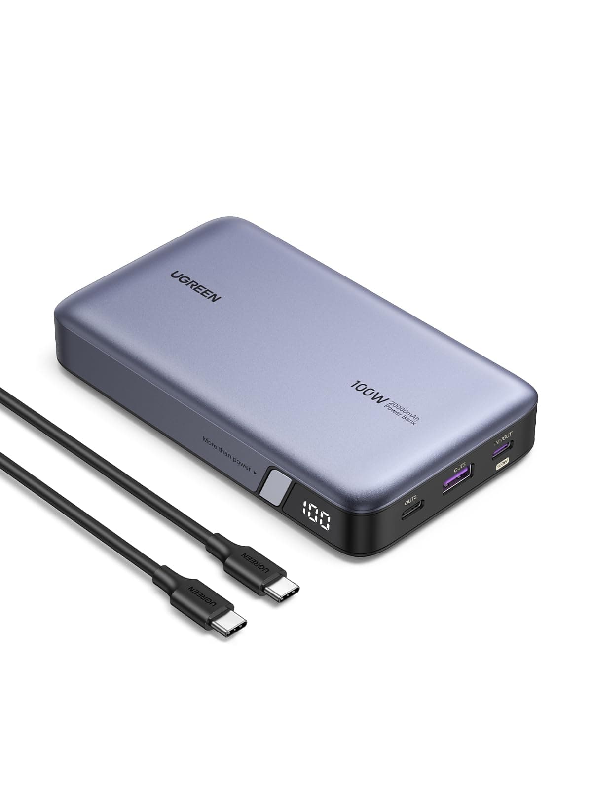 UGREEN PB720 100 W Power Bank Compatible with PD and PPS 2.0 20,000 mAh, High Capacity, 3 Ports, USB-C x 2, USB-A x 1, Pass-Through Function, Low Current Mode, Supports 65W Input Rapid Charging,