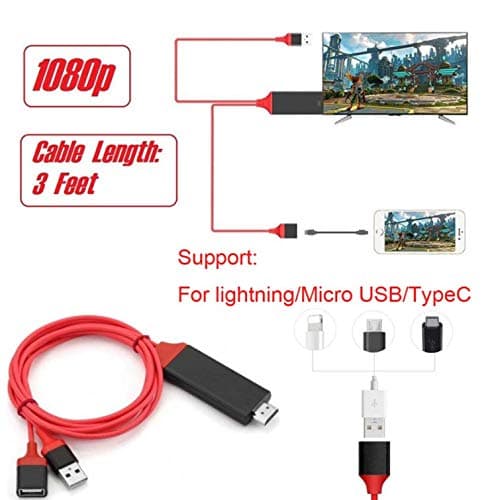 Lukka 1080P Mobile Phone to HDMI Cable for iOS and Android Devices to HDTV, Universal Phone to HDTV Adapter for All iPhones and Android,Plug and Play (3FT RED)