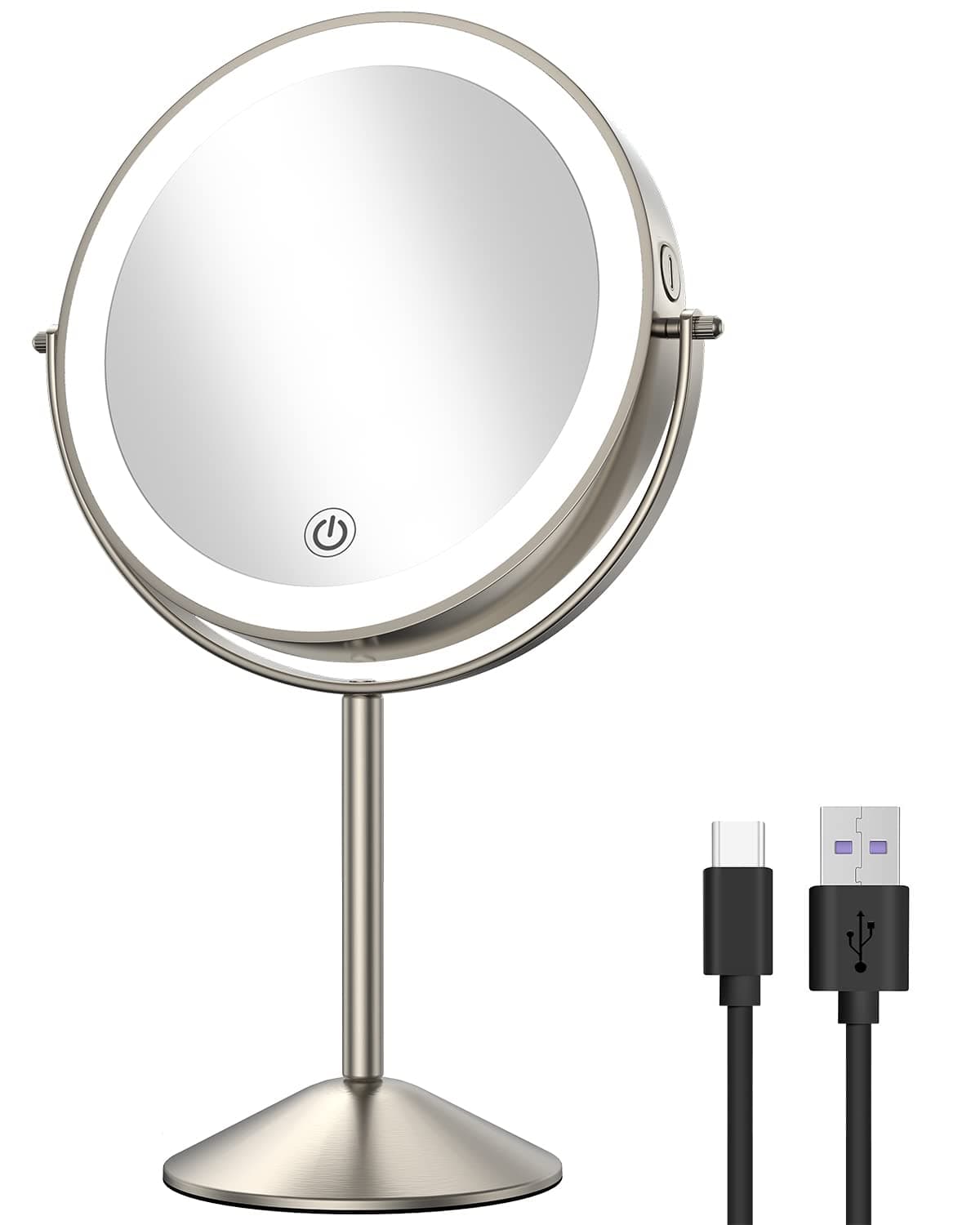 Gospire 8" Lighted Makeup Mirror with Magnification 10X/1X, 3 Color Lights & Dimmable Lighting, 360° Rotation Double Sided Rechargeable Cordless Vanity Cosmetic Standing LED Mirror for Makeup