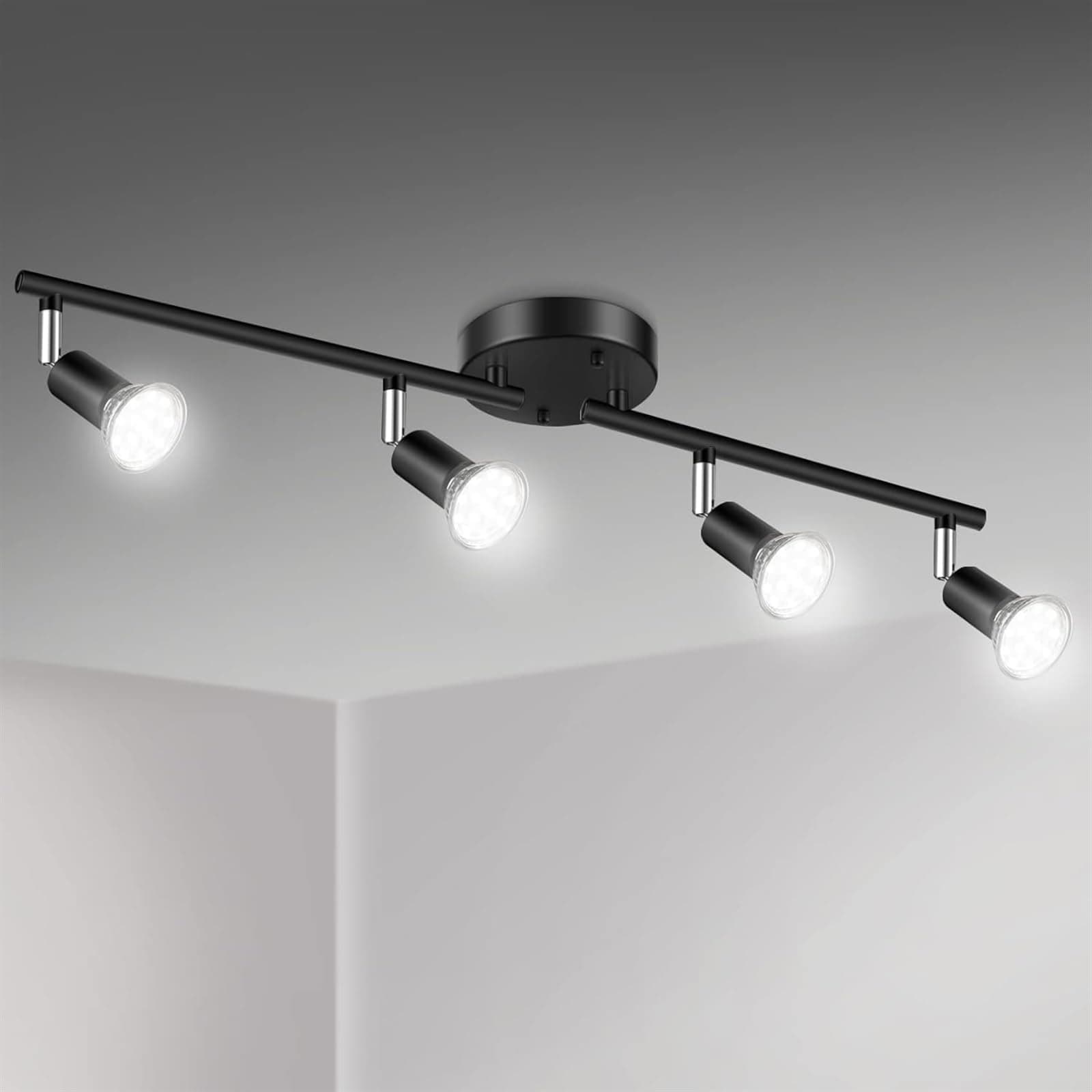 THE WHITE SHOP LED 4 Light Track Lighting Kit, 4 Way Ceiling Spot Lighting, Flexibly Rotatable Light Head(Bulb not included) (Color : BLACK)