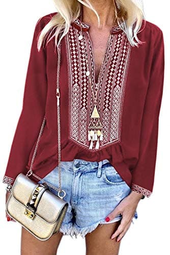 Womens Casual V Neck Shirt Boho Embroidered Print Short/Long Sleeve Tops Loose Blouse (S-XXL)