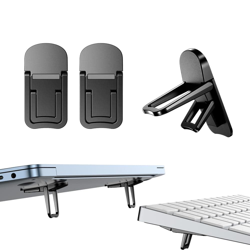 2PCS Zinc Alloy Mini Foldable Laptop Stand, Portable Computer Keyboard Riser with 2 Adjustable Angles, Self-Adhesive Invisible Notebook Stand and Keyboard Lift for Desk (Black)