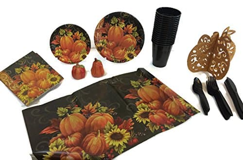 Fall Thanksgiving Pumpkin Tapestry Disposable Dinnerware Set.Everything You Need for 16 People! 116 Pieces in All!