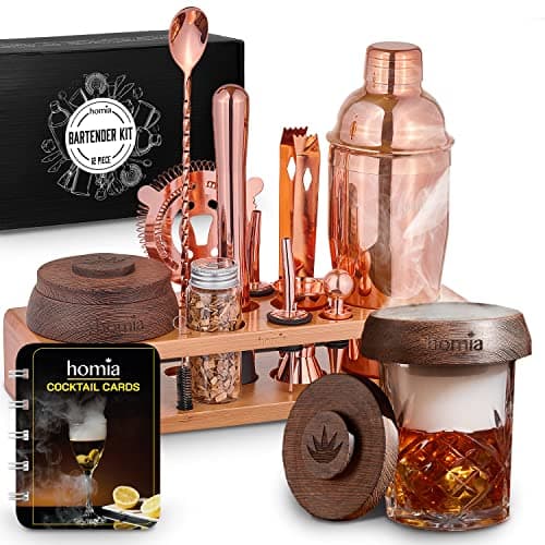 Bartender Kit with Bamboo Stand, Bar Set with Cocktail Shaker, Bartending Kit with Essential Bar Accessory Tools, 13 pcs, Pink Gold