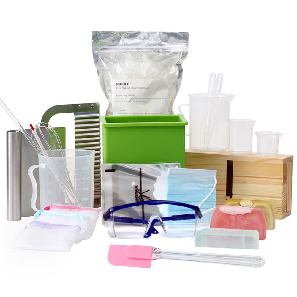 BOOWAN NICOLE Complete DIY Soap Making Supplies Kit Full Beginners Set Including Silicone Mold, Planer Wood Box, Soap Base, Spatulas, Pipette and More