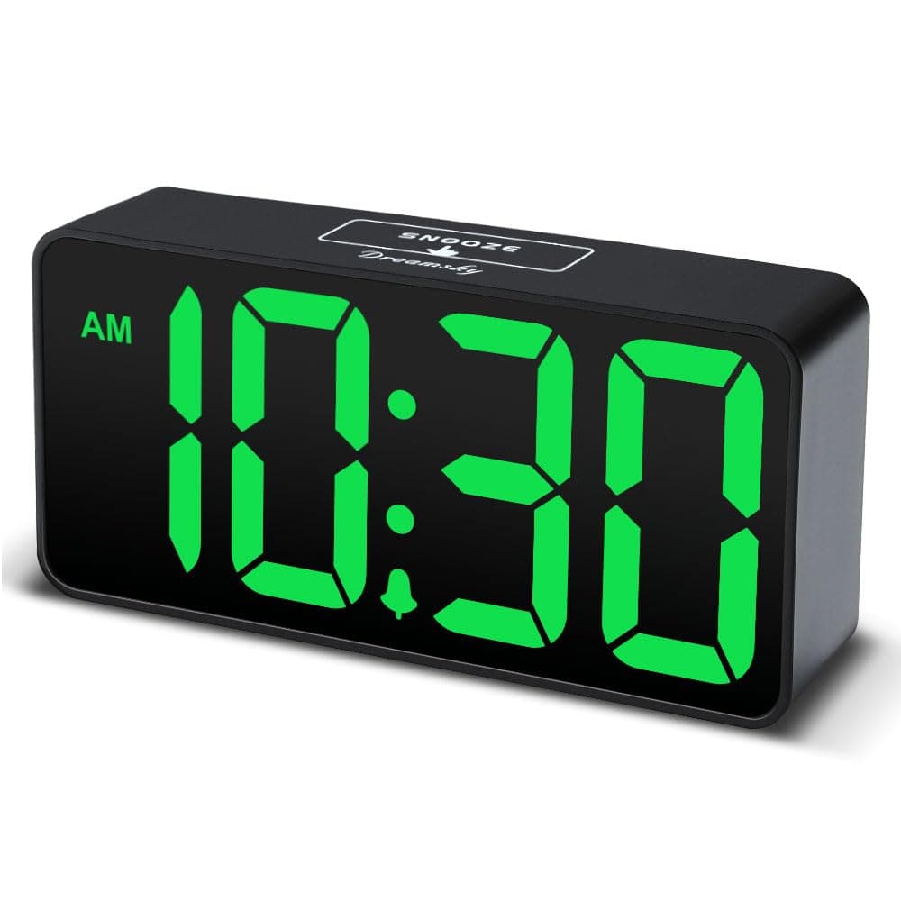 DreamSky Compact Digital Alarm Clock with USB Port for Charging, Adjustable Brightness Dimmer, Green Bold Digit Display, 12/24Hr, Snooze, Adjustable Alarm Volume, Small Desk Bedroom Bedside Clocks.