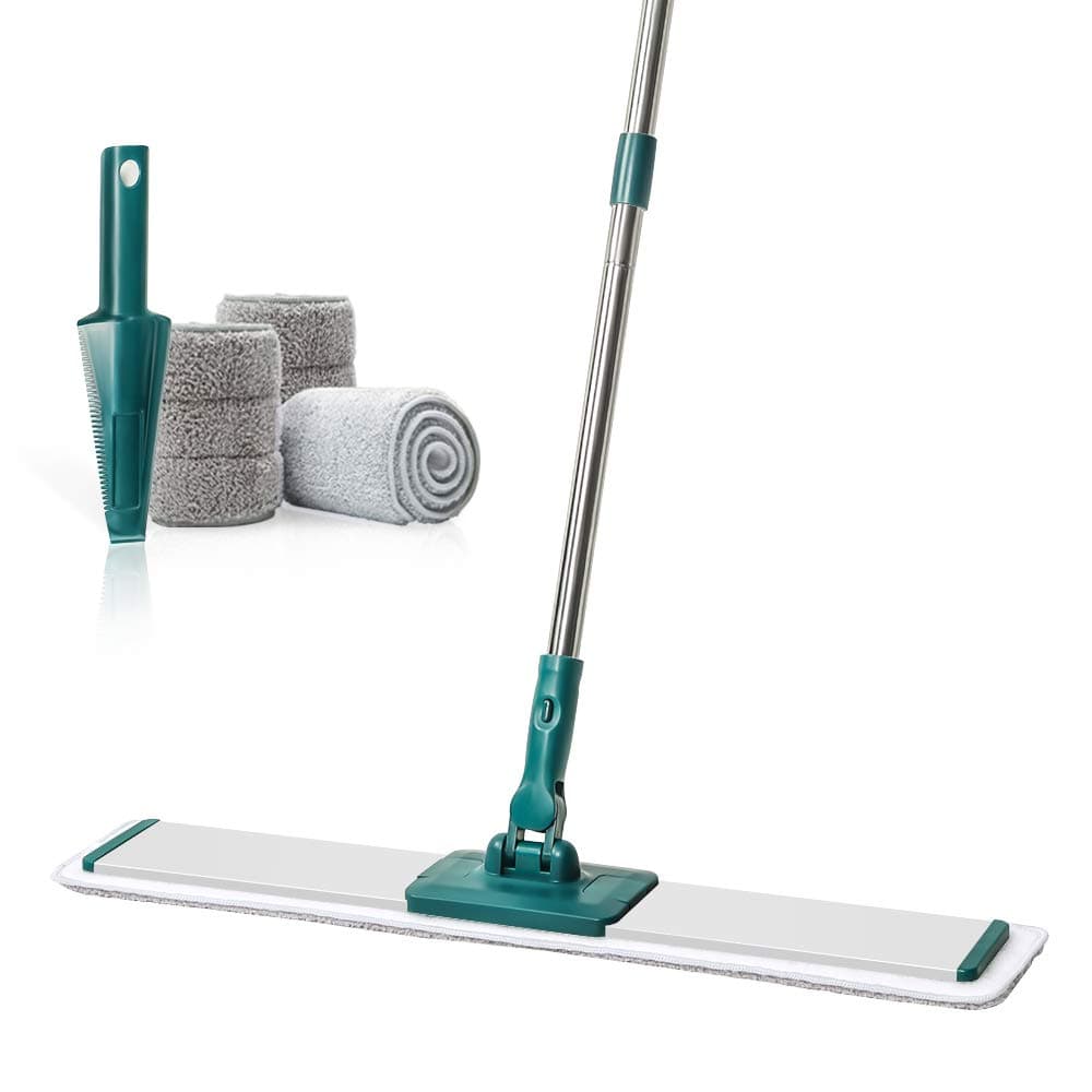 CQT Commercial Flat Microfiber Floor Mop Cleaning System 24" Inch Wet Dry and Dust Hardwood with 4 Washable Pads Cleaner for Laminate Tile Stainless Steel Handle and Extension (PT14 Green)