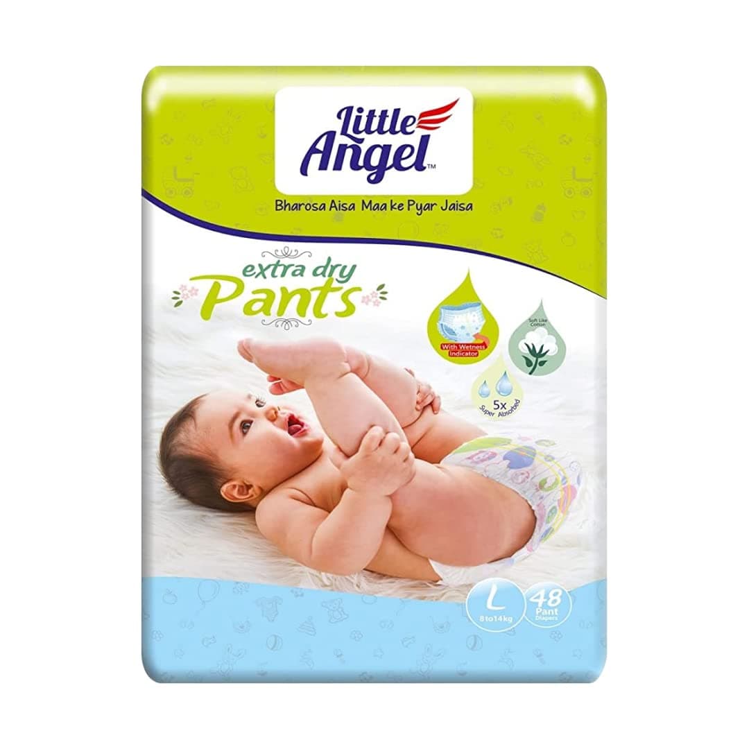 Little Angel Extra Dry Baby Pants Diaper, Large (L) Size, 48 Count, Super Absorbent Core Up to 12 Hrs Protection & Wetness Indicator, Pack of 1, 8-14kg