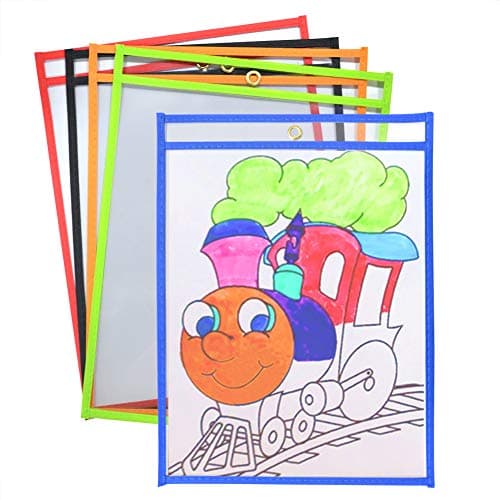 Eamay Dry Erase Ticket Holder Pockets 10 x 13, Both Sides Clear, Pack of 5, Reusable Plastic Paper Sleeves for Home or School Learning Activities