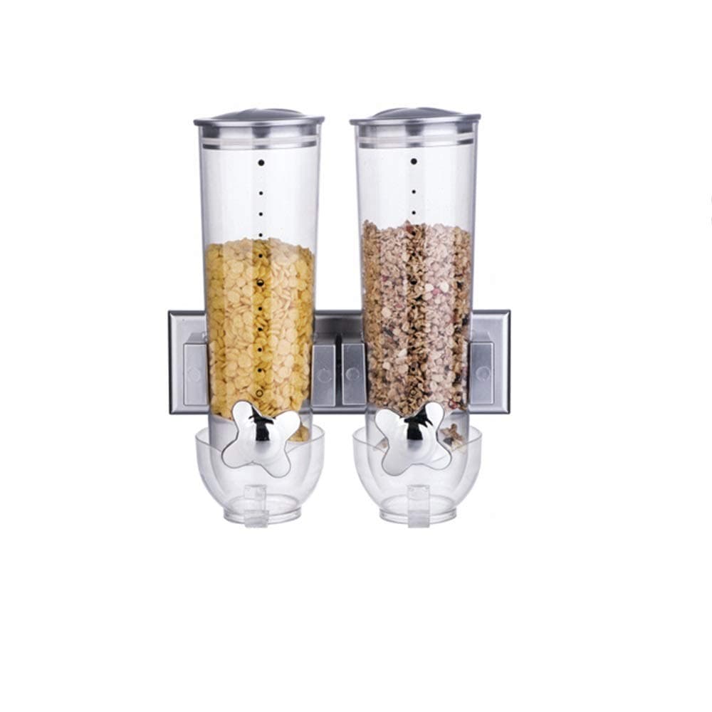 Wall Mounted Double Cereal Dispenser Dry Food Storage Container Black Silver New (Silver)