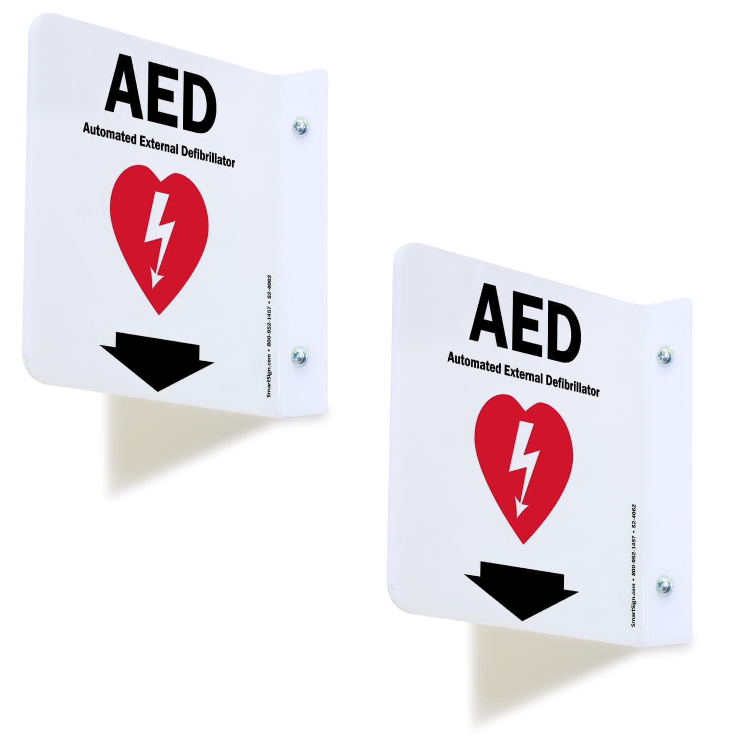 SmartSign (2-Pack) AED Projecting Sign - 6" x 6", Two-Sided Wall Mount Polished Acrylic Hallway Sign with Down Arrow, Red, Black and White