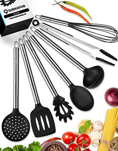 Kitchen Utensils Set - Silicone Cooking Utensils Set - Kitchen Utensil Set - 7 Silicone Utensils Set - Stainless Steel Utensils - Cooking Utensil Set Spatula Set - Kitchen Tools Gadgets - Ladle Spoon