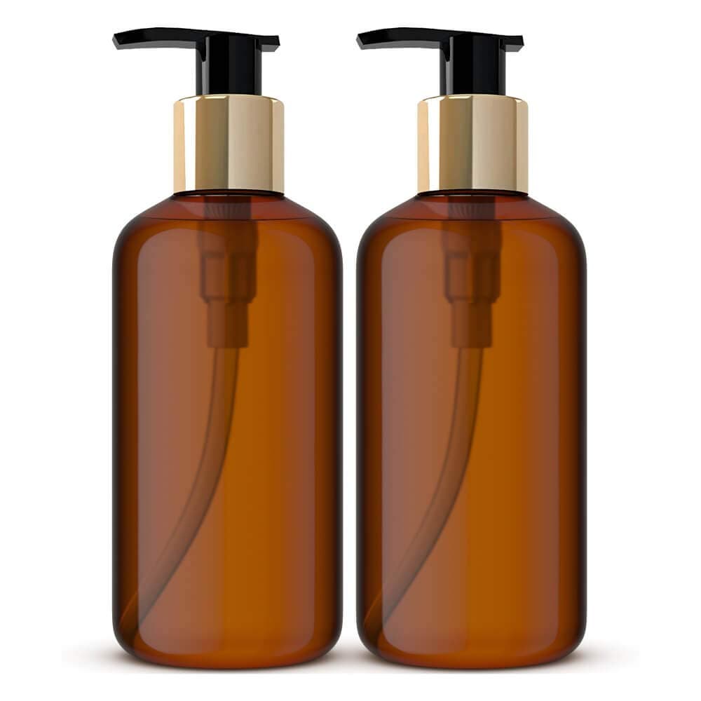 Empty Refillable Amber Pump Bottles 300ml (Pack of 2) - Soap Dispenser, Durable Refillable Containers for Liquid Soap, Shampoo, Oils
