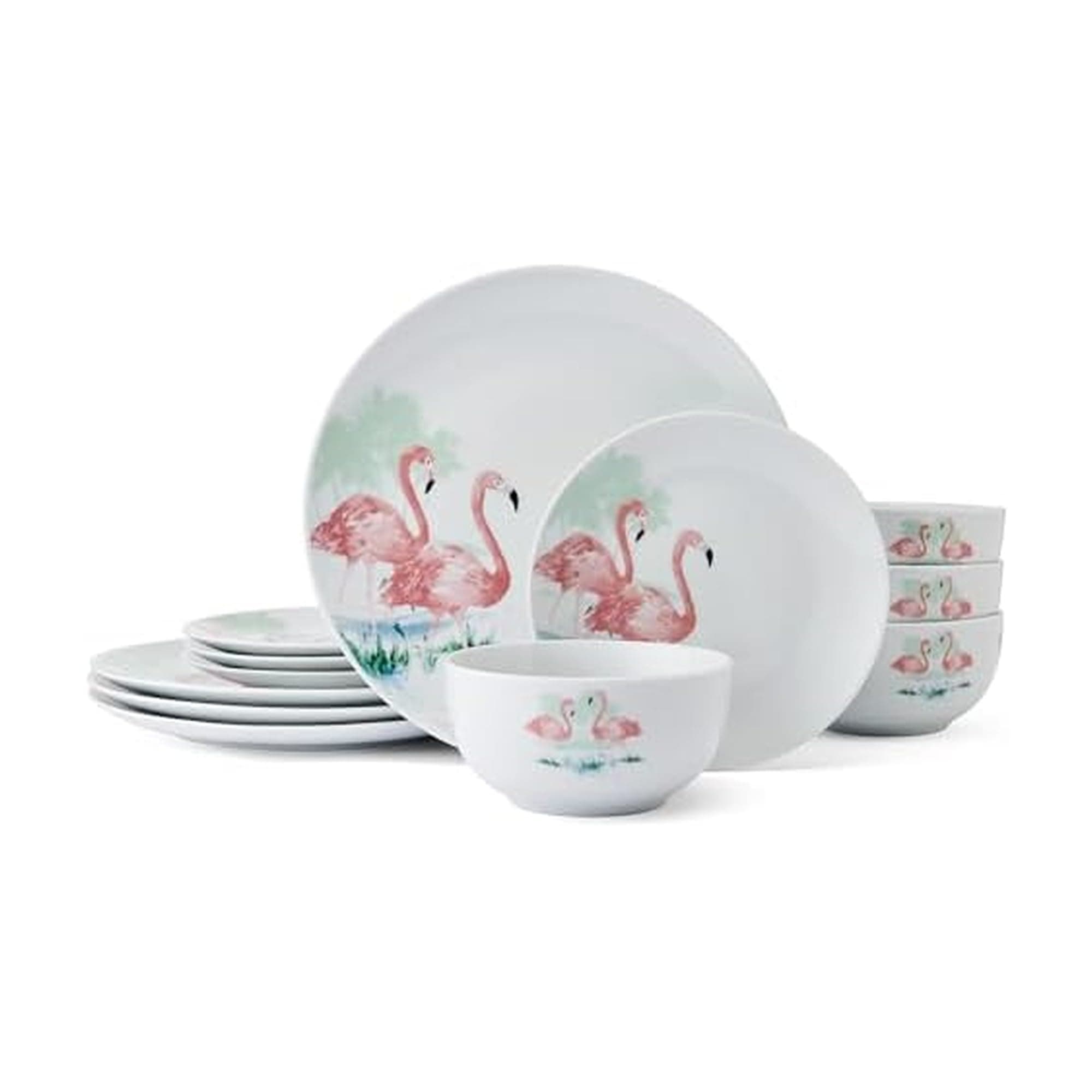 Studio Nova Flamingo Haven Tropical 12 Piece Dinnerware Plate Bowl Set, Service for 4