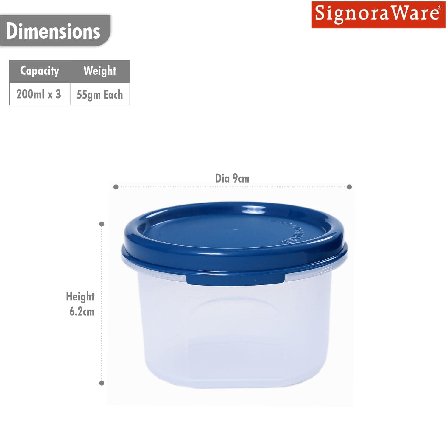 Signoraware Modular Round Plastic Container Set, 200ml, Set of 3, Mod Blue