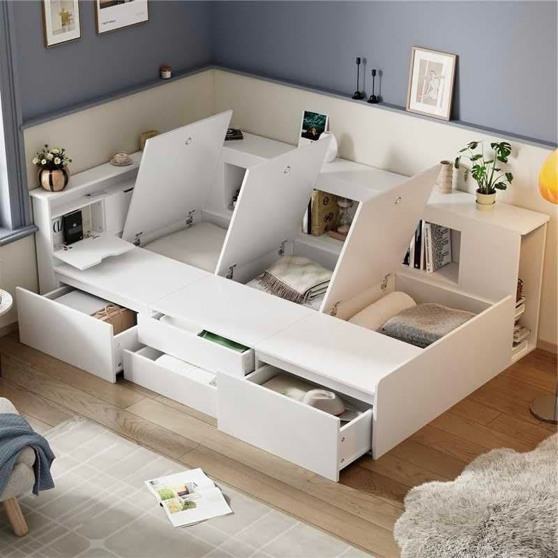 BTM Single Bed with Storage, 3ft-90x190cm Kids Bed, Single Bed with Drawers, Bookcase and Storage Cupboard, Mid Sleeper Cabin Bed Kids, No Mattress