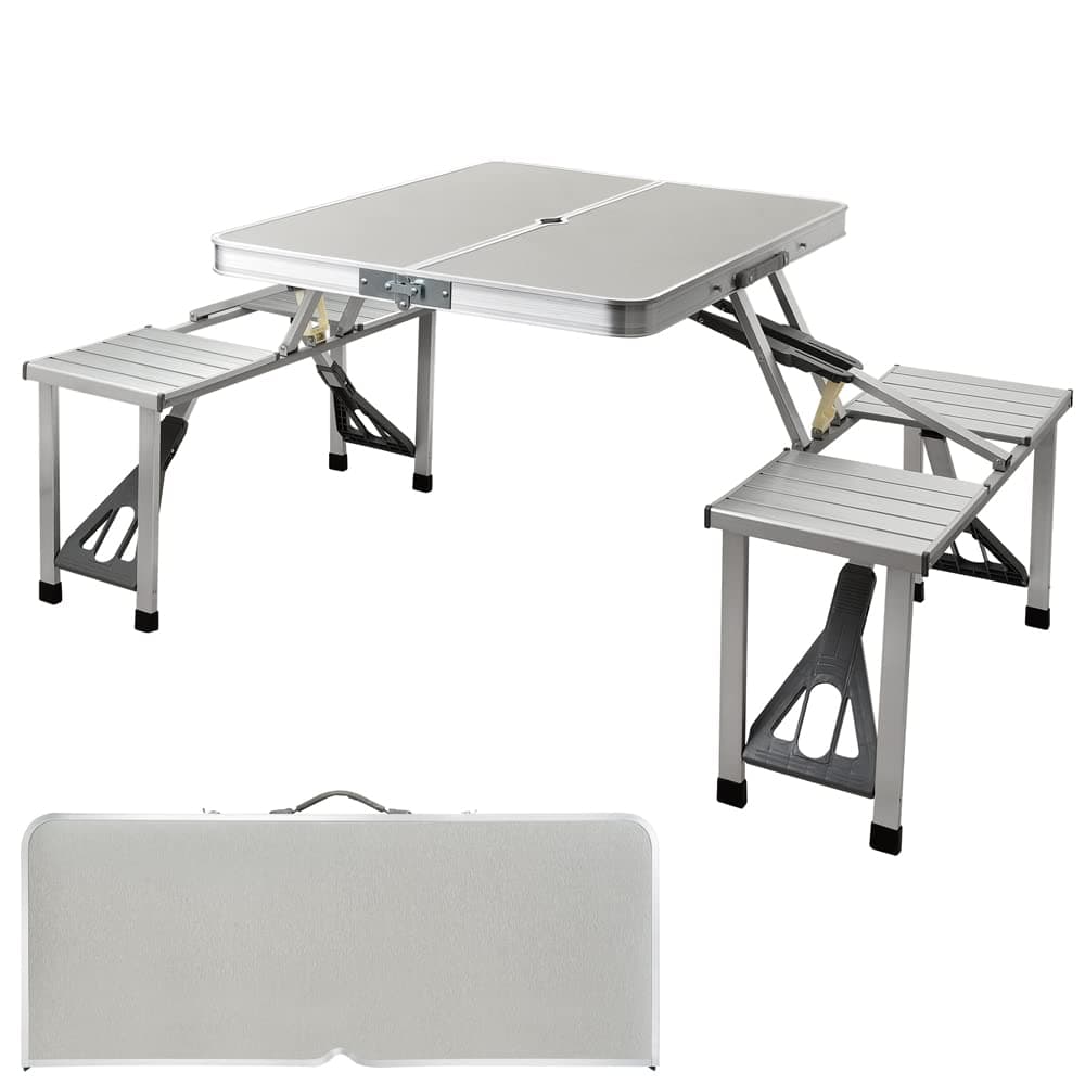 Portable Folding Camping Picnic Table and Chairs One Piece Design Set, Aluminum Foldable Table + 4 Stools, For Home Party Field Kitchen Outdoor Garden BBQ